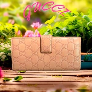 GUCCI $1,200 GG Logo Pink Guccissima Leather Long Wallet Italy 0416